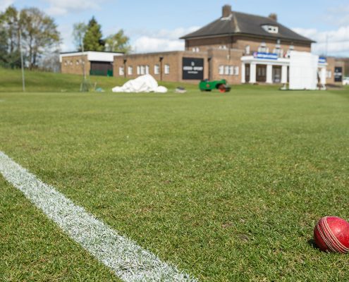 Cricket ball on cricket pitch at Weetwood