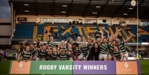 University of Leeds Women's Rugby Union team celebrating their Leeds Varsity 2019 win.