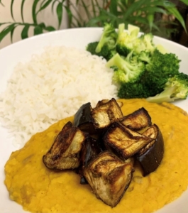 coconut dhal with rice and broccoli
