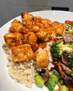 sticky tofu with rice and vegetables