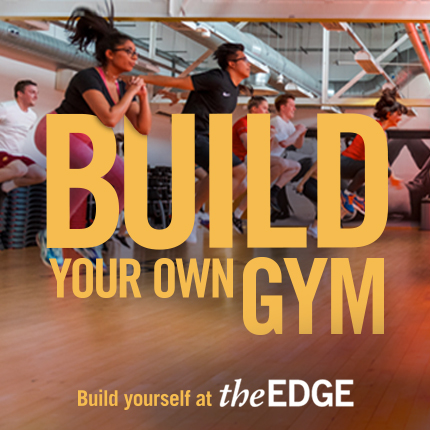 People jumping in an exercise class. Text says: 'Build your own gym. Build yourself at The Edge.'