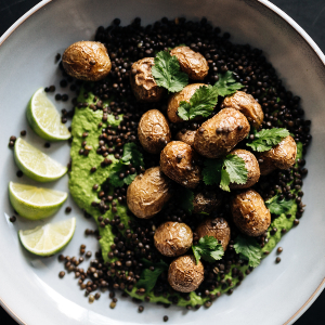 Roast baby potatoes with lentils